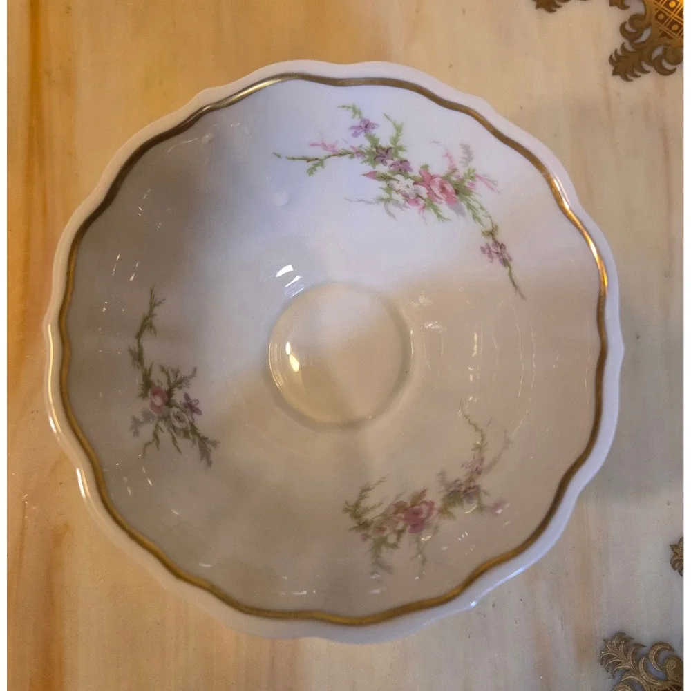 Haviland Limoges France Footed Bowl Pink Floral Gold Trim Scalloped Porcelain 3